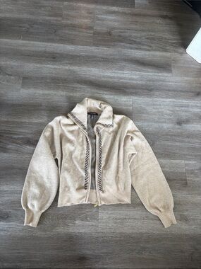 Ellen Tracy Cream Knit Bomber Jacket with Contrast Trim